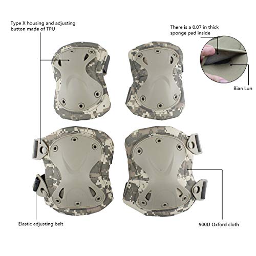 Tactical Combat Knee & Elbow Protective Pads Set for Outdoor CS Paintball Game Cycling Safety Skateboarding Gear Skates Knee Protection Guard Pads (ACU)