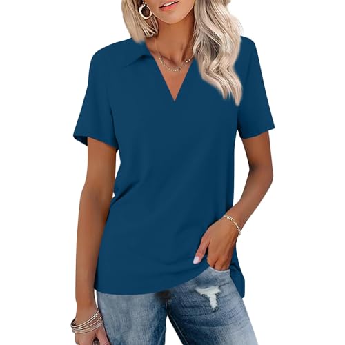 Womens Short Sleeve Tops Collared V Neck Polo Shirts Summer Work Tunic Tops to Wear with Leggings Dressy Blouses 2024 Womens Polo Shirts Short Sleeve Tunic Tops for Women Loose Fit Dressy, Navy