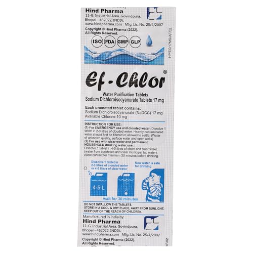 Ef-Chlor Water Purification Tablets (17 mg - 100 Tablets) - Portable Drinking Water Treatment - Ideal for Emergencies, Survival, Travel and Camping, Purifies 1 Gallon Water in 1 Tablet