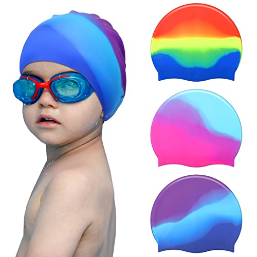 Sintuff 3 Pcs Kids Swim Caps Toddlers Swimming Caps Silicone Swim Cap for Boys Girls (Age 4-12) Baby Waterproof Cartoon Bathing Hats for Long and Short Hair