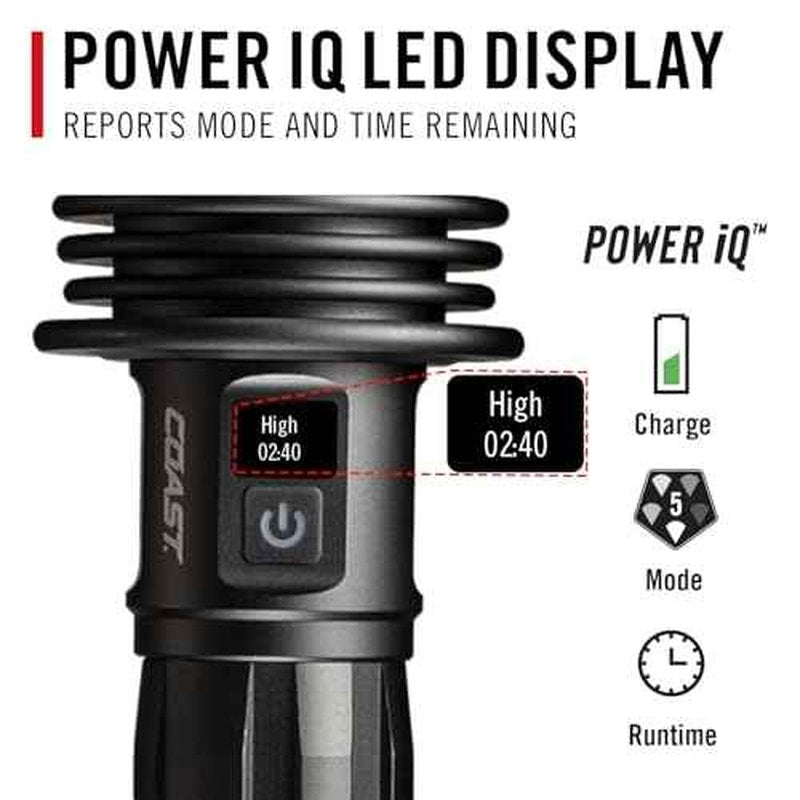 Coast XP80R 15000 Lumen Rechargeable Dual-Power LED Flashlight with POWERiQ¢â Real-TIME Display, 5 Light Modes, Ultra View Flood Beam, Push/Pull Focus, 12.2" Long, 2.18 lbs.