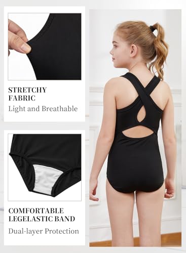 XiaoMoSha Girls Gymnastics Leotard Solid Black 11-12 Years Hollow Back Tank Bodysuit