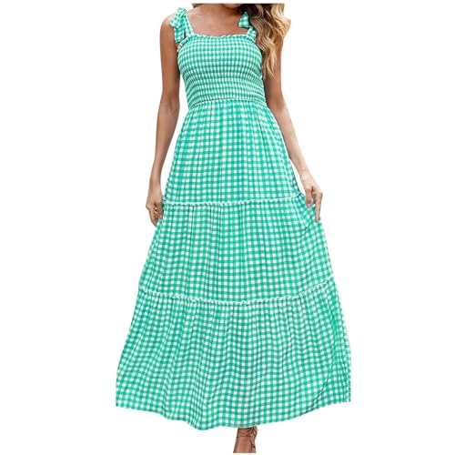 Summer Dress Deals Women's 2024 Summer Casual Dress Boho Tie Shoulder Smocked Dress Elastic Waist Tiered Plaid Midi Dress,Summer Clothes Green