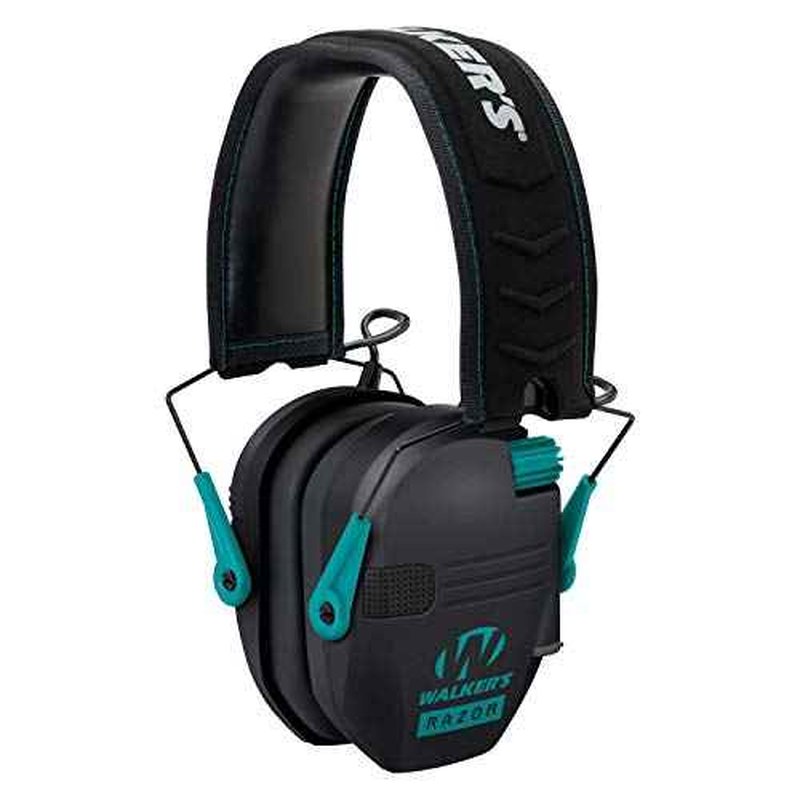 Walker's Razor Slim Electronic Muff (Black/Teal) with Protective Case and Shooting Glasses Bundle (3 items)