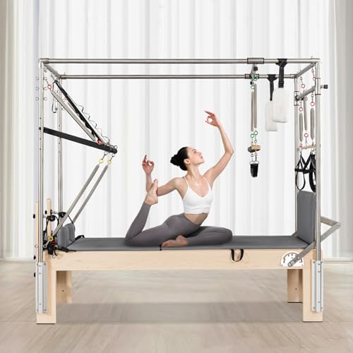 Pilates Reformer,Pilates Reformer Machine Made of Solid Rubber Wood,Black Ultrafine Leather,Pilates Reformer Equipment with Reformer Accessories, Reformer Box, Padded Jump Board