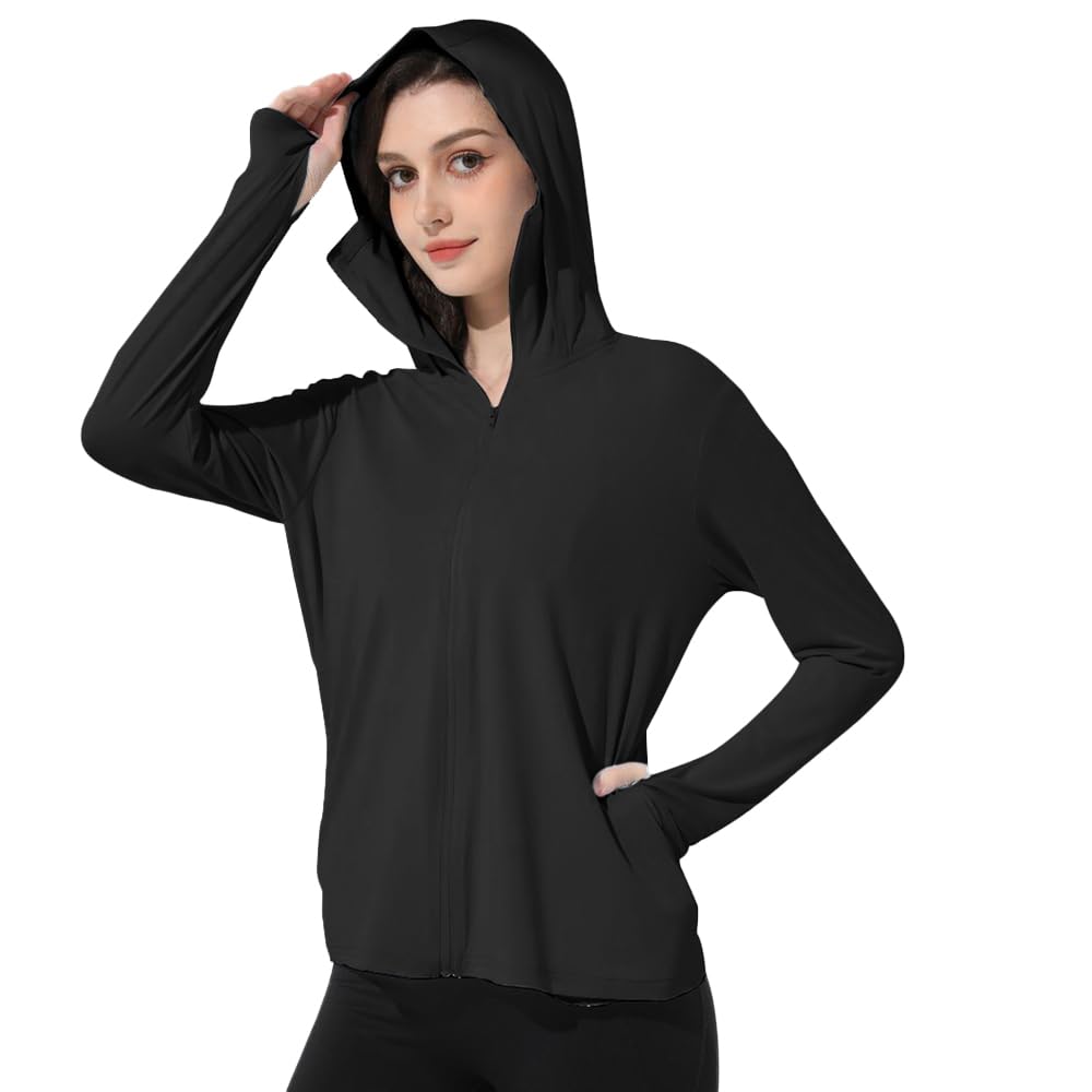 Mingyuezai Women's UPF 50+ Sun Protection Jacket UV Lightweight Hooded SPF Long Sleeve Sun Shirt(Z3724BK,XS)