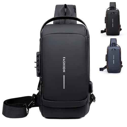Travel Sling Bag Waterproof Crossbody Bag with Combination Lock Anti-Theft PU Leather Chest Bag with USB Charging Hole Shoulder Backpack Motorcycle Bags Black