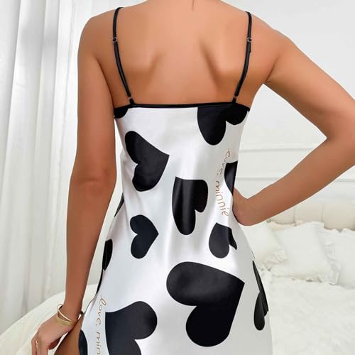 Womens Nightdress Fashion Print Sexy Backless Ice Silk Sling Pajamas Dresses Nightgowns Chemise Sleepwear Lingerie Style003 White Small