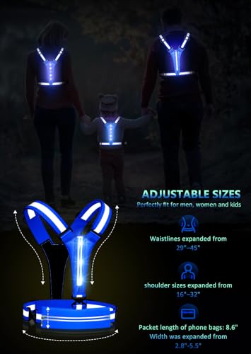 Ylzzrs LED Reflective Vest Running Gear, USB Rechargeable Light Up Running Vest Chest Phone Holder for Runners Night Walking,6-11hrs Light Adjustable Waist/Shoulder for Women Men Kids (Black)