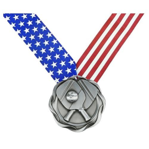 Decade Awards Pickleball Fusion Medal- Silver | Pickle Ball Medal with Stars & Stripes Ribbon - 3 Inch Wide (Silver)