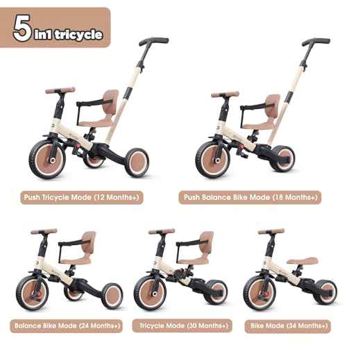 newyoo Toddler Tricycle with Push Handle for 1-3 Year Old, Toddler Bike, Birthday Gift and Toy for Boys and Girls, 5 in 1 Kids Trike, Balance Bike with Backrest and Safety Belt, Khaki, TR007