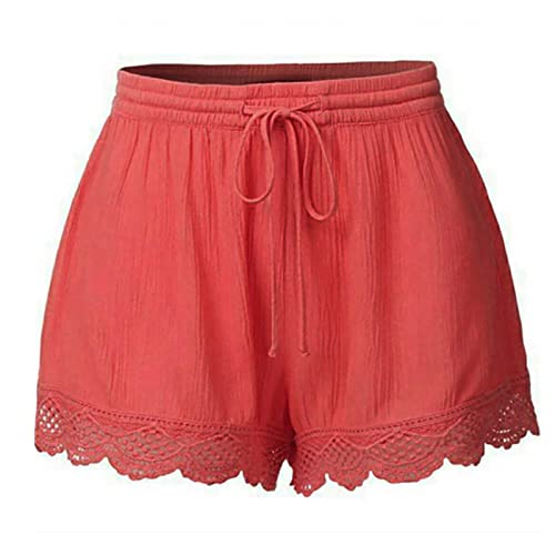 Womens Casual Shorts Drawstring Elastic Waist Lace Trim Summer Beach Shorts Lightweight Loose Yoga Athletic Shorts