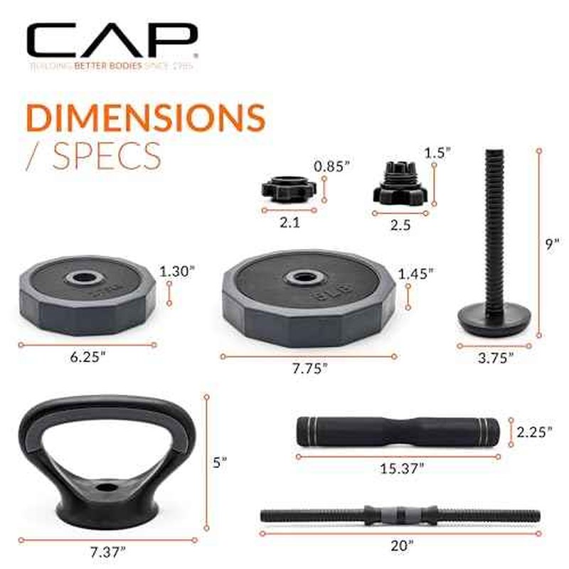 CAP Barbell 66 lb Multi-Use Adjustable Weight Set - Versatile Dumbbell, Barbell & Kettlebell for Full-Body Workouts | Gray