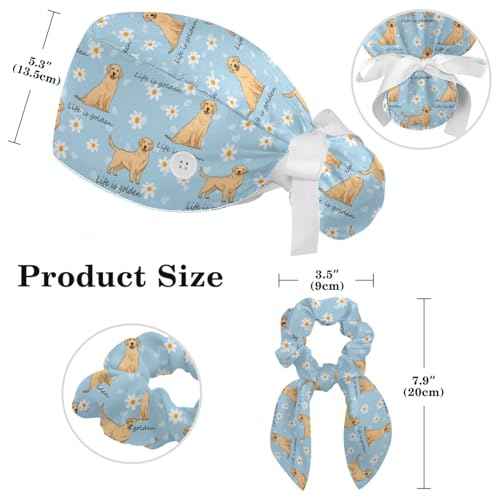 Scrub Caps Women, Surgical Caps with Buttons, Ponytail Nurse Hat, Bouffant Scrub Hats with Hair Scrunchy Adjustable, Dogs Golden Retriever Cartoon Animal Cute Summer Daisy Flower Blue