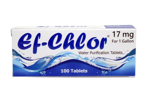 Ef-Chlor Water Purification Tablets (17 mg - 100 Tablets) - Portable Drinking Water Treatment - Ideal for Emergencies, Survival, Travel and Camping, Purifies 1 Gallon Water in 1 Tablet