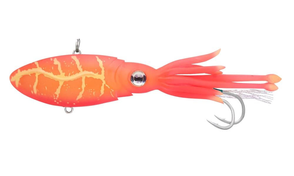 Nomad Design Squidtrex Patented Vibrating Fishing Lure- Scent Added TPE Soft Plastic Lure for Saltwater w/Strong BKK Assist Hooks, Fishing Bait that catches many species, 130mm 3 1/4oz- Pink Lumo Glow