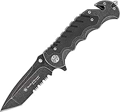 Smith & Wesson Border Guard SWBG10S 8.3in High Carbon S.S. Folding Knife with 3.5in Serrated Tanto Blade and Aluminum Handle for Outdoor, Tactical, Survival and EDC ,Black