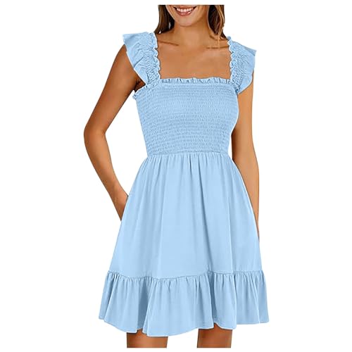 Generic Summer Dresses for Women 2024 Sleeveless Beach Short Mini Dress Square Neck Casual Cotton Beach Swing Dress for Women, Small, 02-blue