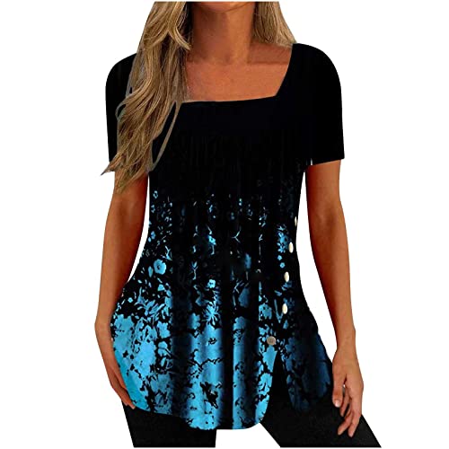 Generic mis pedidos Square Neck Tops for Women Summer Vintage Aztec Geometric Graphic Tee Loose Casual Tshirt Short Sleeve Tunic Split Blouse for Leggings Western Shirt Ladies Gifts, Small, 4#blue