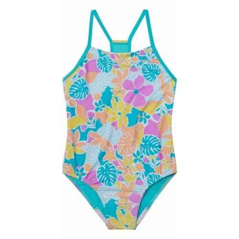 Speedo Girls Thin Strap One Piece Swimsuit (US, Alpha, Medium, Regular, Floral Turkish Sea Blue)