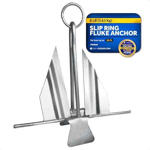 Five Oceans Boat Anchor - Fluke Anchor, 8 Lb, Galvanized Steel Slip Ring Boat Anchor, Boat Anchors, Small Boat Anchor for Kayak, Dinghies Personal Watercraft Paddleboards Canoes Small Boats - FO4624