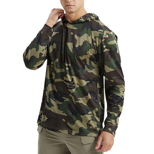 Generic Men's UV Sun Protection Hooded Camo Shirts Long Sleeve Quick-Dry Outdoor Hiking T-Shirt UPF 50+ Rash Guards Cooling Hoodies, Small, Camouflage