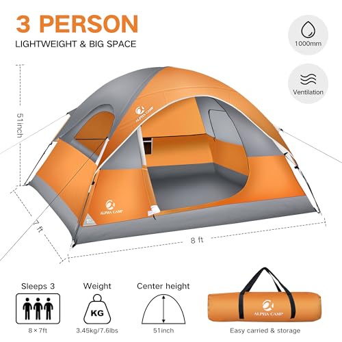 Camping Tent, 3/4 Person Dome Tent Backpacking Instant Tent with Easy Setup, Waterproof Lightweight Portable Pop Up Tent for Camping, Hiking, Mountaineering or Beach, Includes Wind Rope and Carry Bag