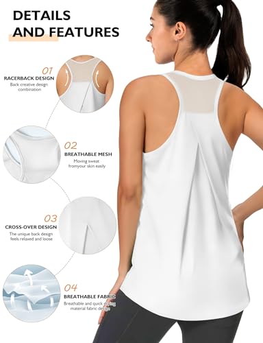 AURUZA Workout Tops for Women, Racerback Tank Tops for Women Athletic Tank Tops Mesh Yoga Shirts Running Sleeveless Gym Cloth (White, XL)