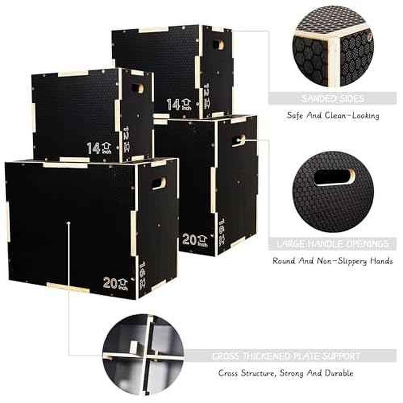 Fitvids 3-in-1 Non-Slip Wooden Plyo box, Plyometric Jump Box for Home Gym, Step Up Box for Workout Training, Lunges, Squats, Dips, 550lbs Weight Capacity, Multiple Sizes