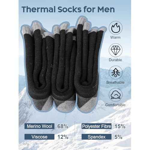 Senker Fashion Merino Wool Hiking Socks for Men, Warm Crew Socks W/Cushion Moisture Wicking for Trekking Work Outdoor