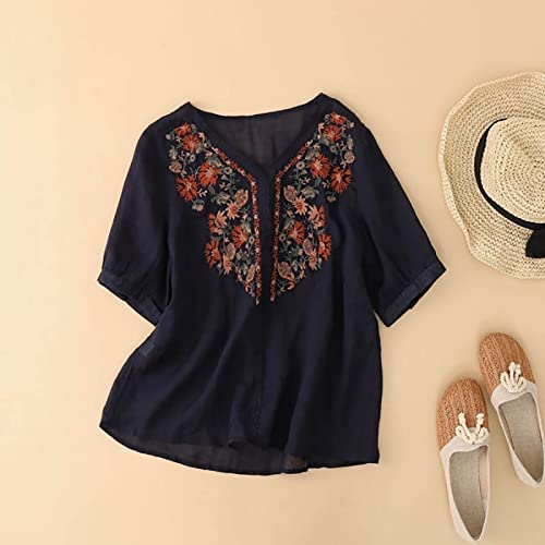 linen shirts for women Womens Linen Embroidered Blouse Plus Size 3/4 Sleeve T-Shirts Lightweight Boho Embroidered Peasant Shirts Button Up peasant tops for women deals of The day clearance