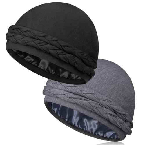 2 Pcs Satin Lined Turban Silky Head Wraps for Men with Long Twist Straps, Halo Turban Mens Turban Head Scarf for Hair