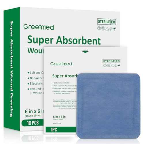 Super Absorbent Wound Dressing Pads Size 6"x 6" 10 Individual Pack Soft Highly Absorbent Dressing Non Stick Gauze Pads for Heavily Exuding Wound Care Reduce Leakage and Skin Maceration