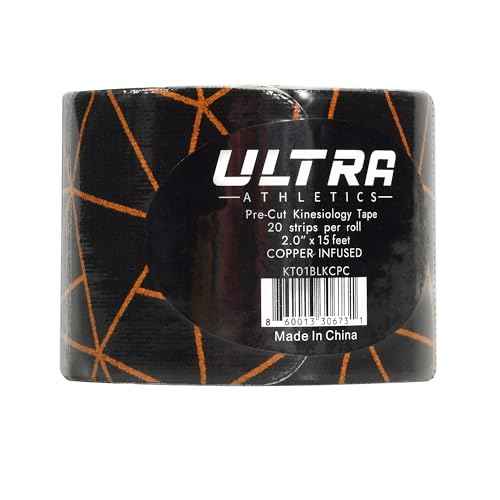 Copper-Infused Kinesiology Tape, 20 Precut Water Resistant Strips, Stretch Indicator, Elastic Athletic Tape for Sports & Weightlifting, Muscle Strain Relief & Joint Support (Black Copper)