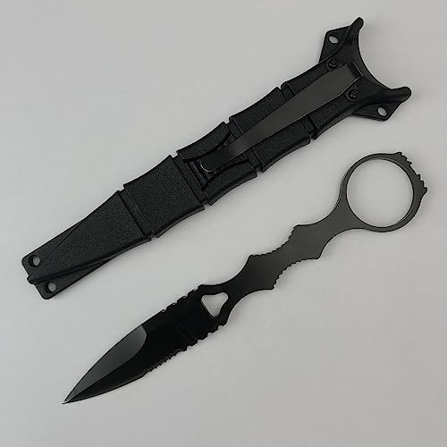 6.7" Socp Dagger Black Handle, 440C Fixed Blade Semi-Serrated Boot Knife, Hunting Tool with Kydex Sheath and Pocket Clip