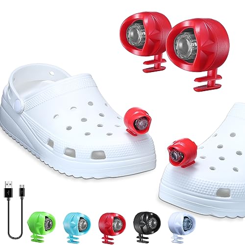 RAHAN Rechargeable Headlights for Croc 2pcs,Flashlights Attachment for Crocs, LED Shoes Light with 3 Light Modes for Dog Walking, Camping, Running, Suitable for Adults, Red