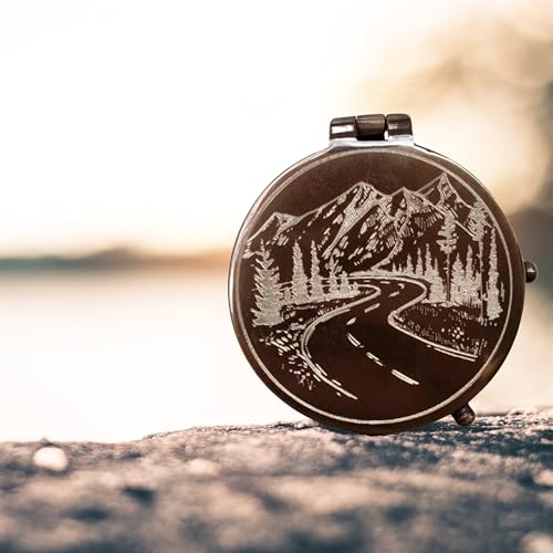 SFdizayn Mountains and Road Engraved Working Handmade Antiqued Brass Compass Gift for Men with ''for Your Adventures'' Stamped Leather Case