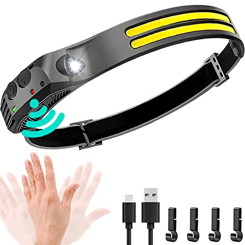 LED Headlamp Rechargeable - 230° COB Super Bright Head Lights for Forehead, Hard hat Light for Adults, USB C Headband Flashlight for Working, Hiking, Running, Camping Essentials Accessories Gear