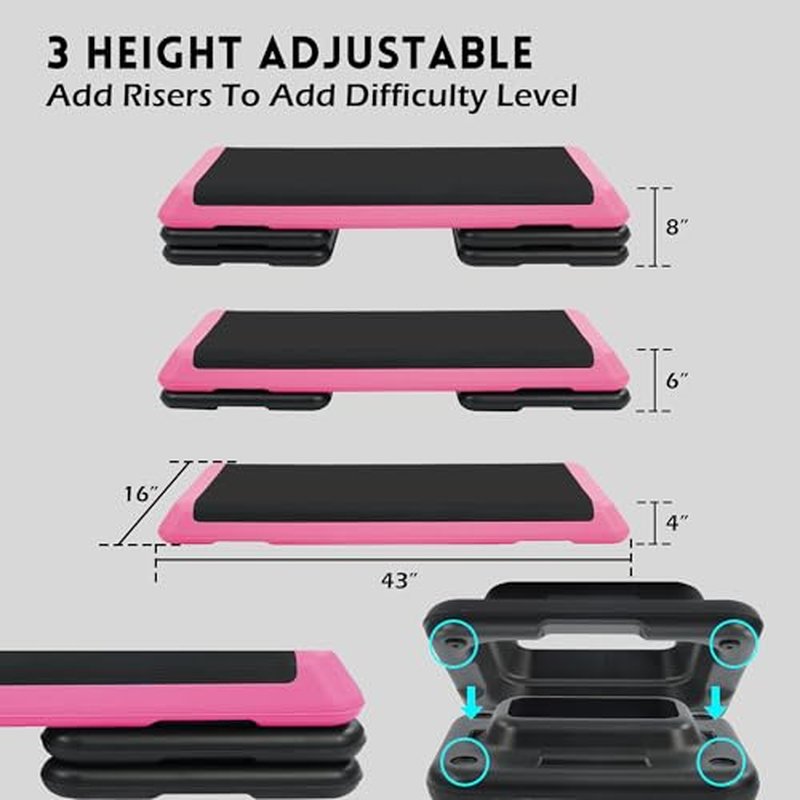 Fitvids 16'' High Step Aerobic Platform with 4 Risers, Exercise Workout Step Platform Adjustable Height 4"-6''-8''-10''-12'' for Home Gym, Fitness Training Workout Aerobics Platform