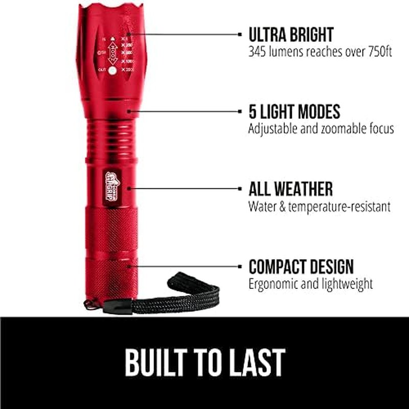 Gorilla Grip LED Tactical Flashlight - Water Resistant, Ultra Bright | 2 Pack in Red & Hunter Green, 750 FT Range