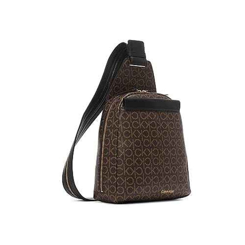 Calvin Klein Women's Millie Backpack for Women ? Vegan Leather Monogram Backpack, 2 Pockets, Brown/Khaki/Black, One Size