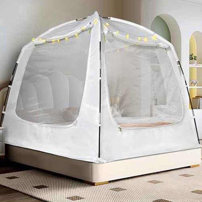 RIYDH Bed Tent Bed Canopy Full Size for Kid and Adults 100% Breathable Tents 4 Doors 80% Blackout - Indoor Portable Sleeping Tents Privacy Large Space with String Light