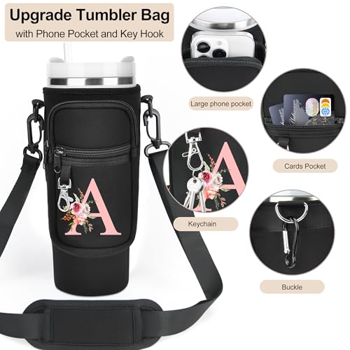 Initial Water Bottle Holder with Strap for Stanley 40 oz Tumbler/Simple Modern 40 oz Tumbler,Water Bottle Carrier Bag with Strap,Personalized A-Z Phone Pocket for Stanley Cup Accessories