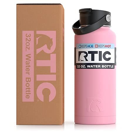 RTIC 32 oz Vacuum Insulated Bottle, Metal Stainless Steel Double Wall Insulation, BPA Free Reusable, Leak-Proof Thermos Flask for Water, Hot and Cold Drinks, Travel, Sports, Camping, Flamingo