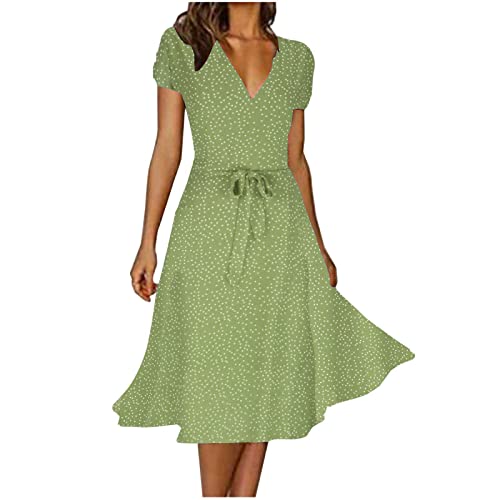 Clearance Womens Fall Clothes, Dresses for Women 2024 Casual Fashion V Neck Swing Polka Tie Waist Dress Summer Ruffle Short Sleeve Midi Sundress