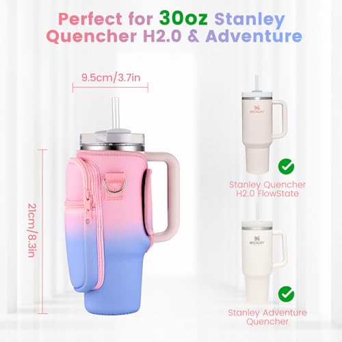 OUTXE Water Bottle Carrier Bag for 30oz Stanley Tumbler with Handle, Water Bottle Holder with Adjustable Strap& Phone Pocket, Stanley Cup Pouch Accessories for Walking, Travel, Camping (Pink Blue)