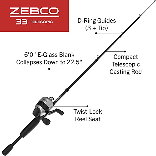 Zebco 33 Spincast Reel and Telescopic Fishing Rod Combo, Extendable 22.5-Inch to 6-Foot E-Glass Fishing Pole, Size 30 Reel, Quickset Anti-Reverse Fishing Reel with Bite Alert, Silver/Black