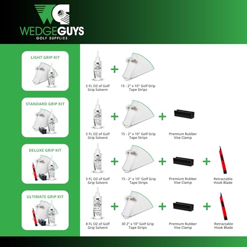 Wedge Guys Golf Grip Kits for Regripping Golf Clubs - Professional Quality - Options Include Hook Blade, 15 or 30 Golf Grip Tape Strips, 5 or 8 oz Golf Grip Solvent & Rubber Vise Clamp