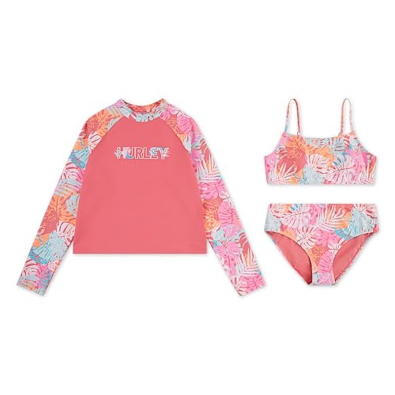 Hurley Girls Long Sleeve Rash Guard and Bikini 3-Piece Swimsuit