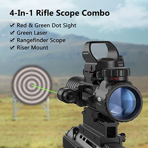 MidTen 3-9x32 4-in-1 Scope Combo with Dual Illuminated Scope Optics & 4 Holographic Reticle Red/Green Dot Sight & IIIA/2MW Laser Sight Rangefinder Illuminated Reflex Sight & 20mm Mount